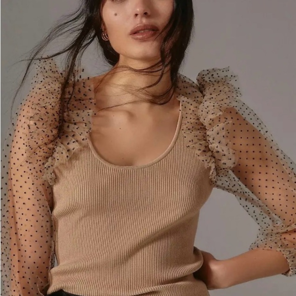 Anthropologie Beige Blouse with Sheer Polka Dot Sleeves